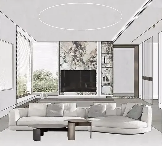 Modern living room featuring marble wall and concrete floor.