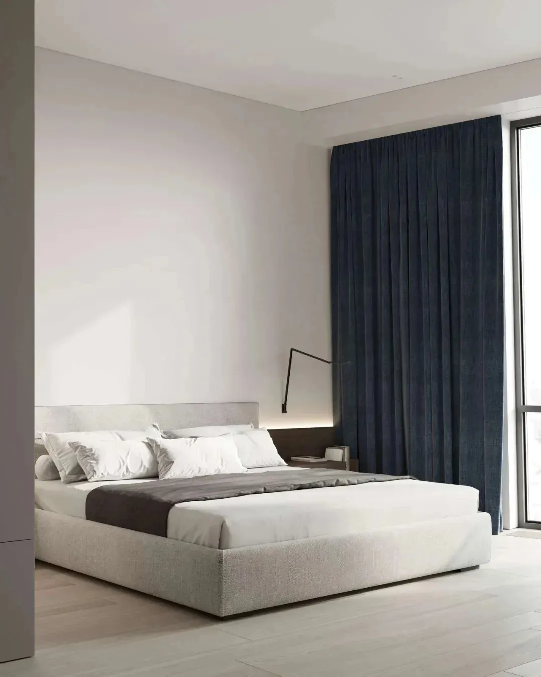 Modern minimalist bedroom with a textured fabric bed, wooden accents, and floor-to-ceiling glass window.