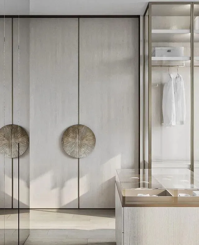 Modern minimalist closet with glass and wooden elements.