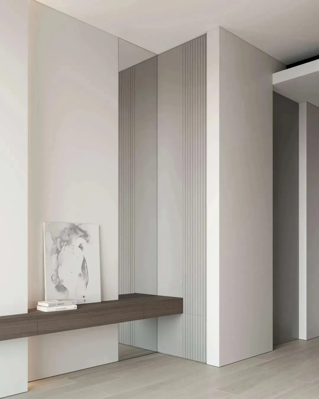 A modern minimalist interior design showcasing walnut wood elements.