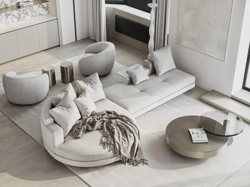 Modern, minimalist living room featuring soft fabric and felt furniture.