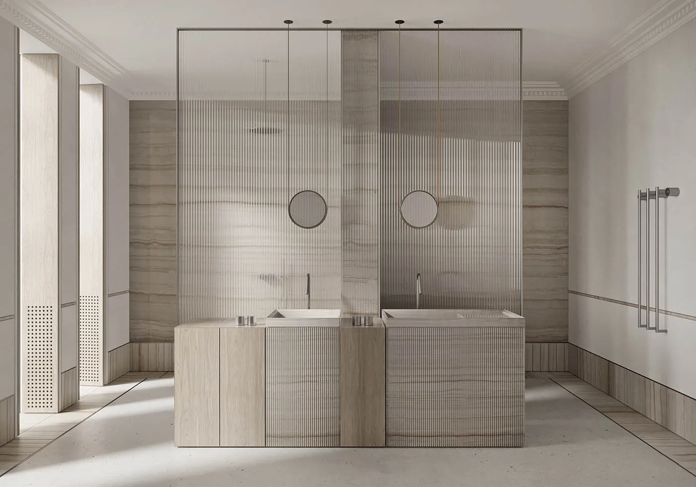 A minimalist bathroom with marble elements, featuring modern design with smart features.
