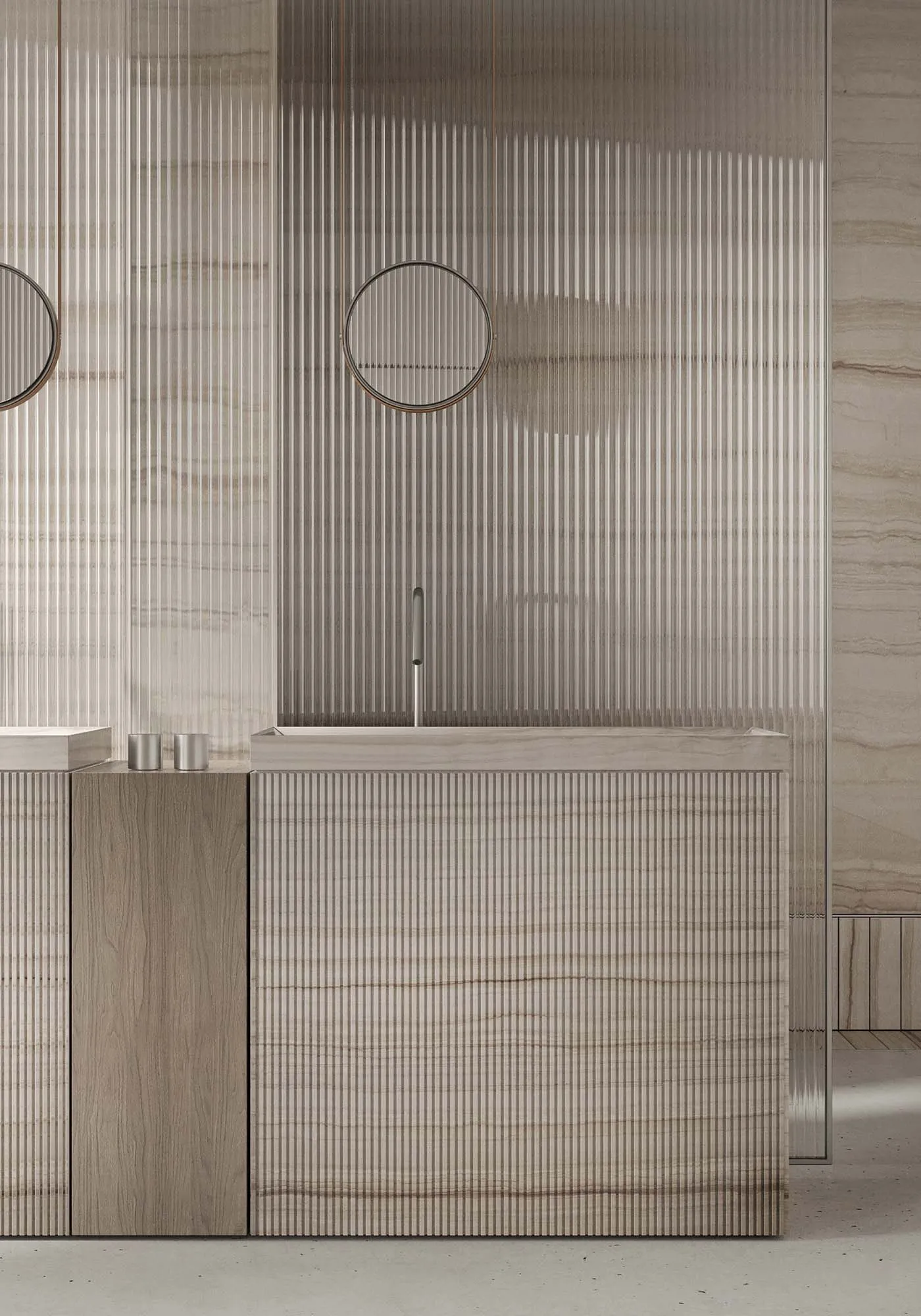A modern, minimalist bathroom with a marble sink and vertical wood-paneled walls.