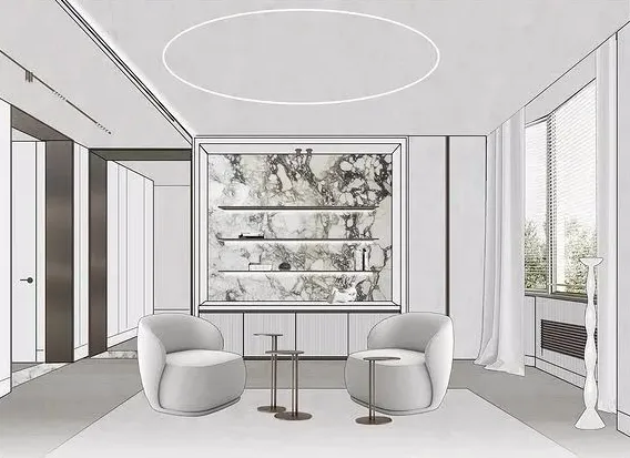 Luxurious modern living room with white marble accents and minimalist furniture.