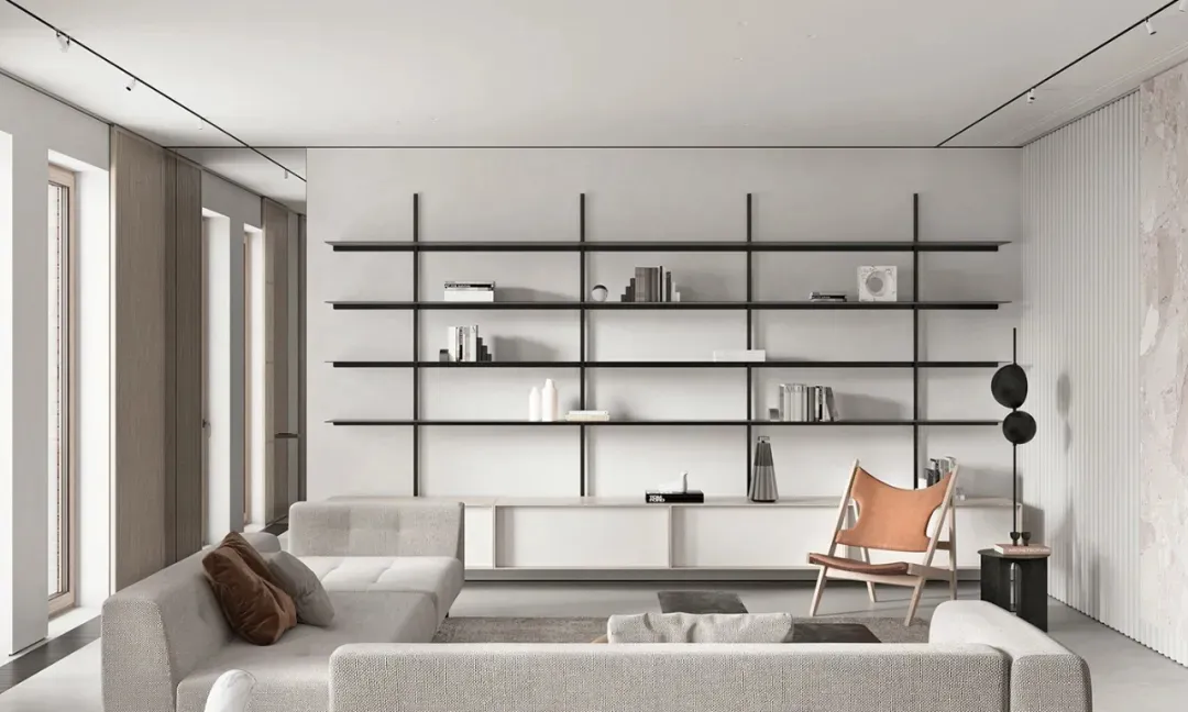 Modern minimalist living room with metal floating shelves and fabric upholstered sofas.