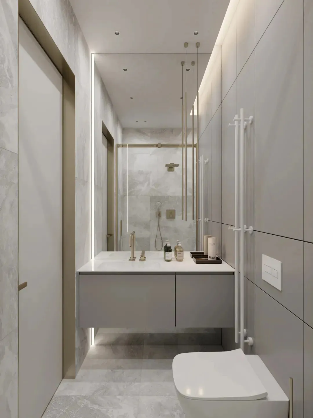 Modern minimalist bathroom featuring marble and glass materials