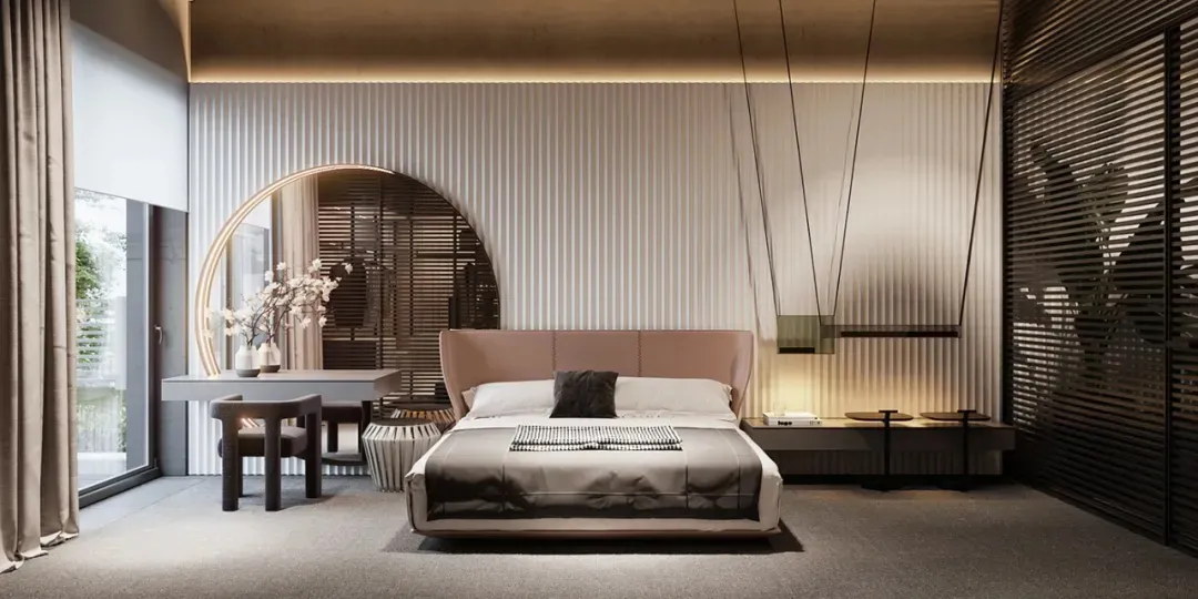 A minimalist bedroom featuring a bed with a wooden headboard and a fabric-covered mattress, alongside a modern, sleek nightst