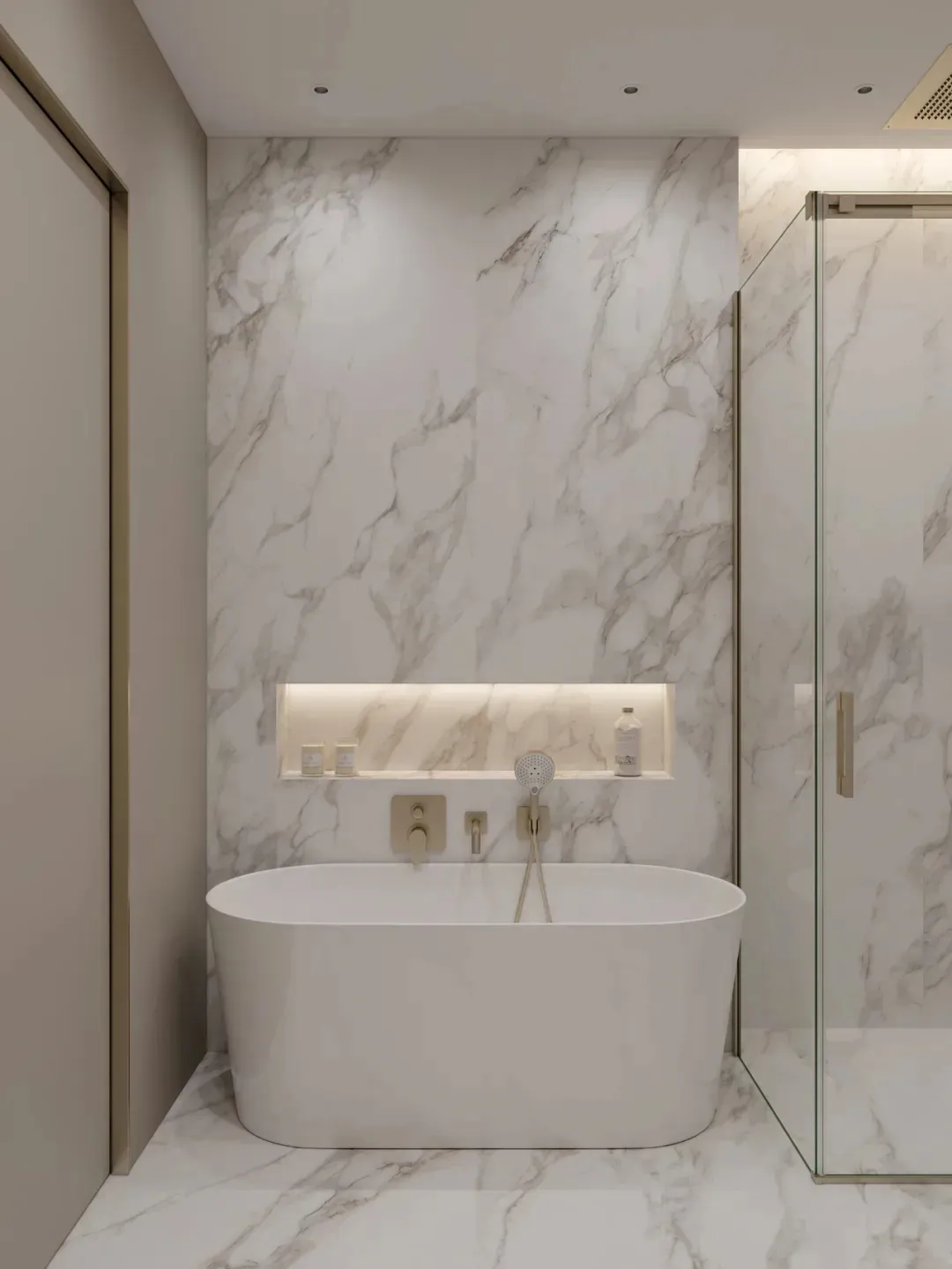 A minimalist bathroom featuring marble design elements and a freestanding bathtub.