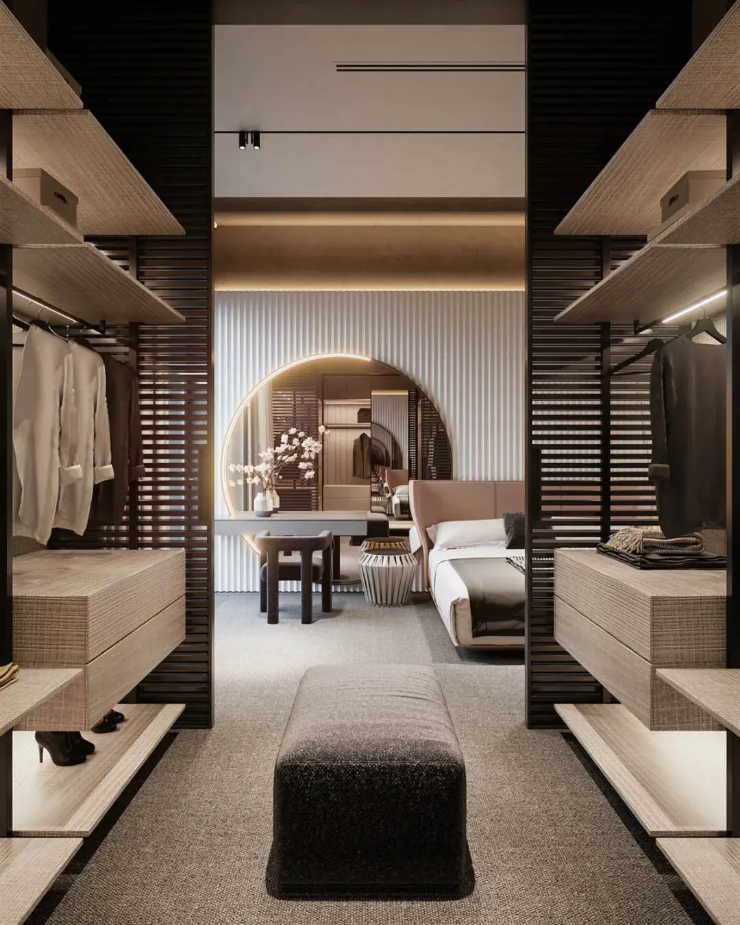 A modern luxury walk-in closet featuring wood and metal materials.