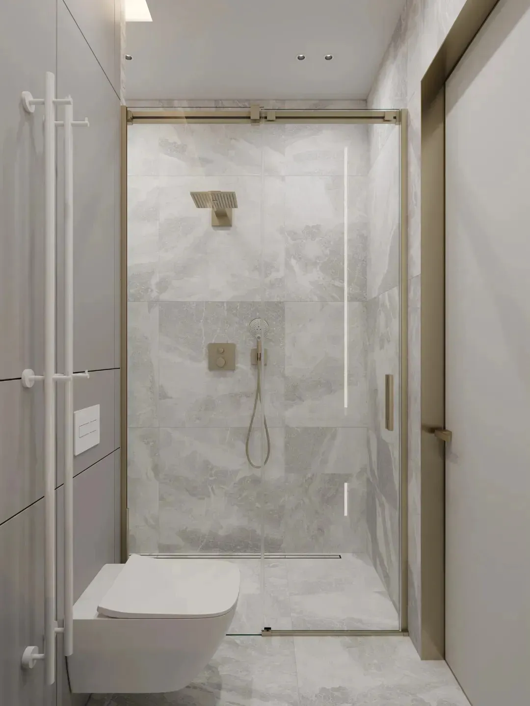 A modern bathroom with white marble tiles, a wall-mounted toilet, and a glass-enclosed shower.