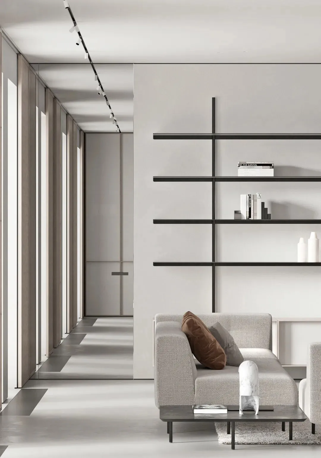 A modern living room with a neutral color palette, featuring a minimalist sofa, minimalist bookshelf, and sleek coffee table.