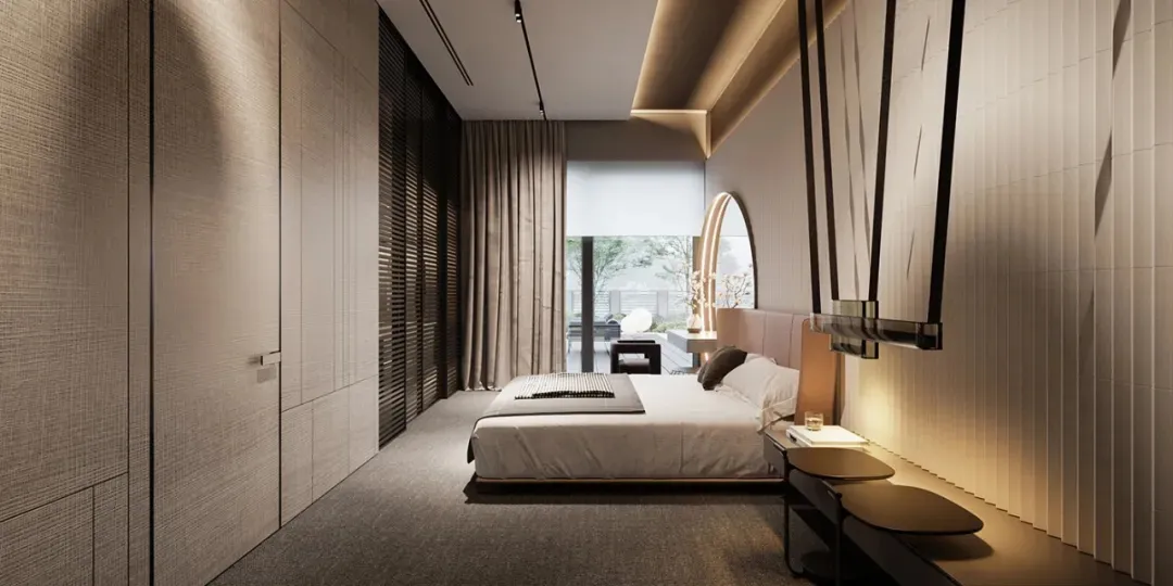 Modern bedroom with a minimalist design, featuring a bed with white bedding and a large window with curtains.