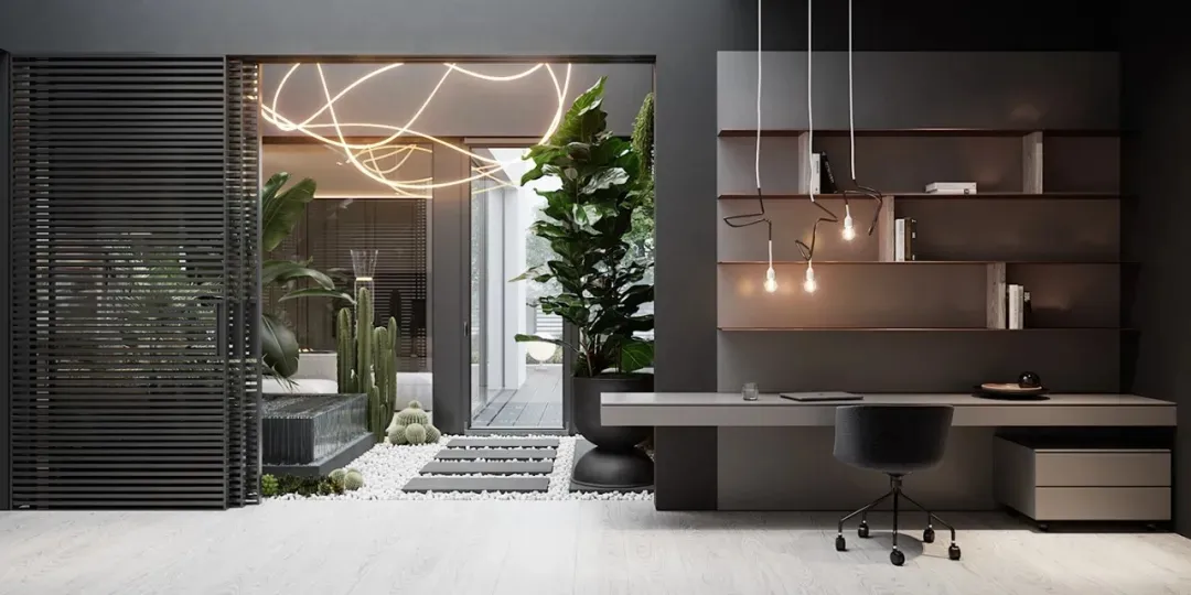 Modern office space featuring metallic, wooden, glass, and potted plants.