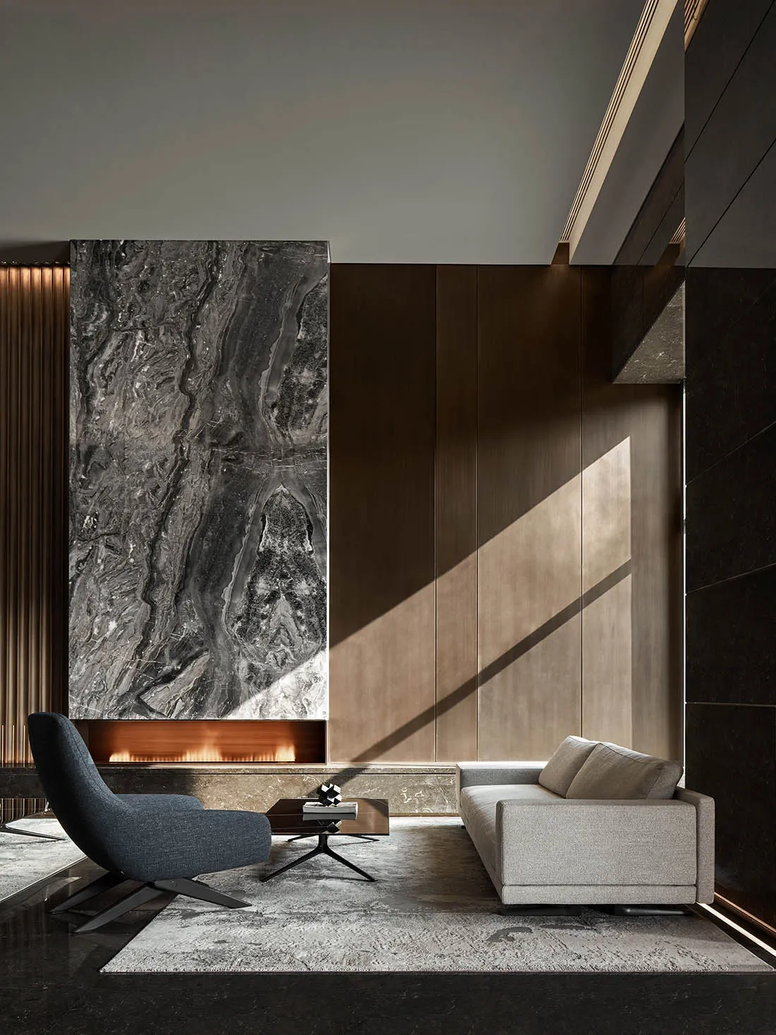 A modern living room with a marble fireplace, wooden furniture, and concrete walls.