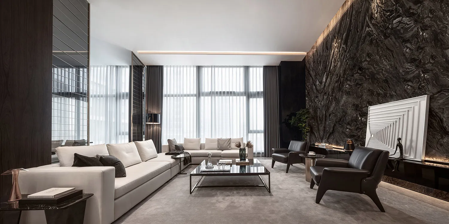 Photorealistic rendering of a modern living room featuring marble accents and sleek, contemporary furniture.