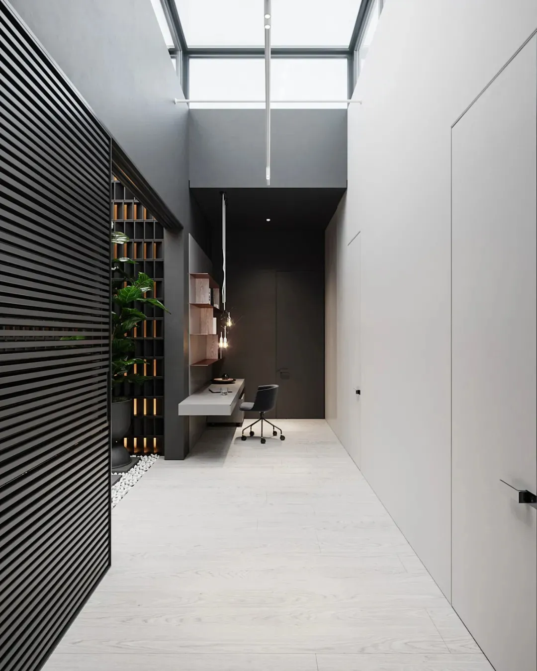 A minimalist office space featuring concrete and glass materials.