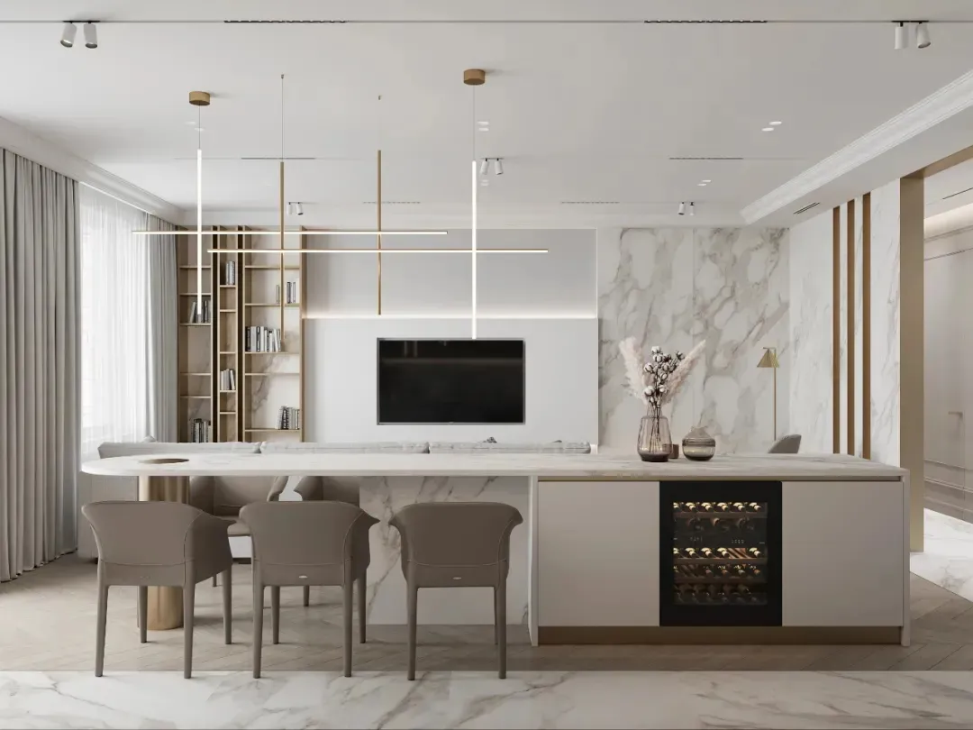 Modular minimalist-style living room with a white marble countertop and white walls.