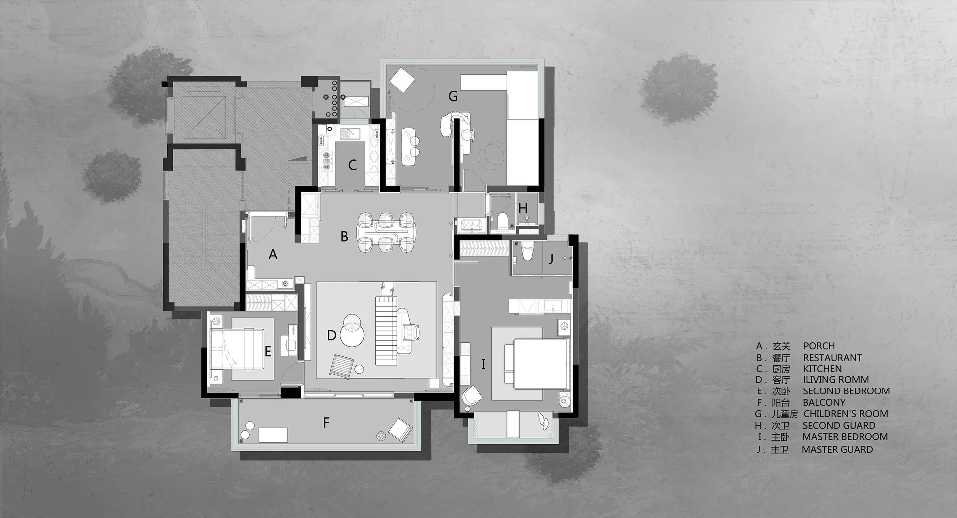 Grey-scale representation of a modern residential floor plan with labeled rooms and layout.