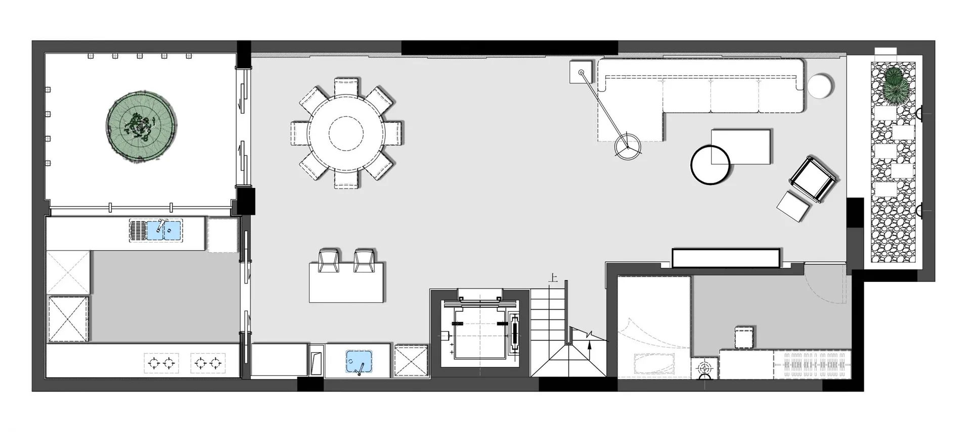 Minimalist furniture layout in a modern apartment plan.