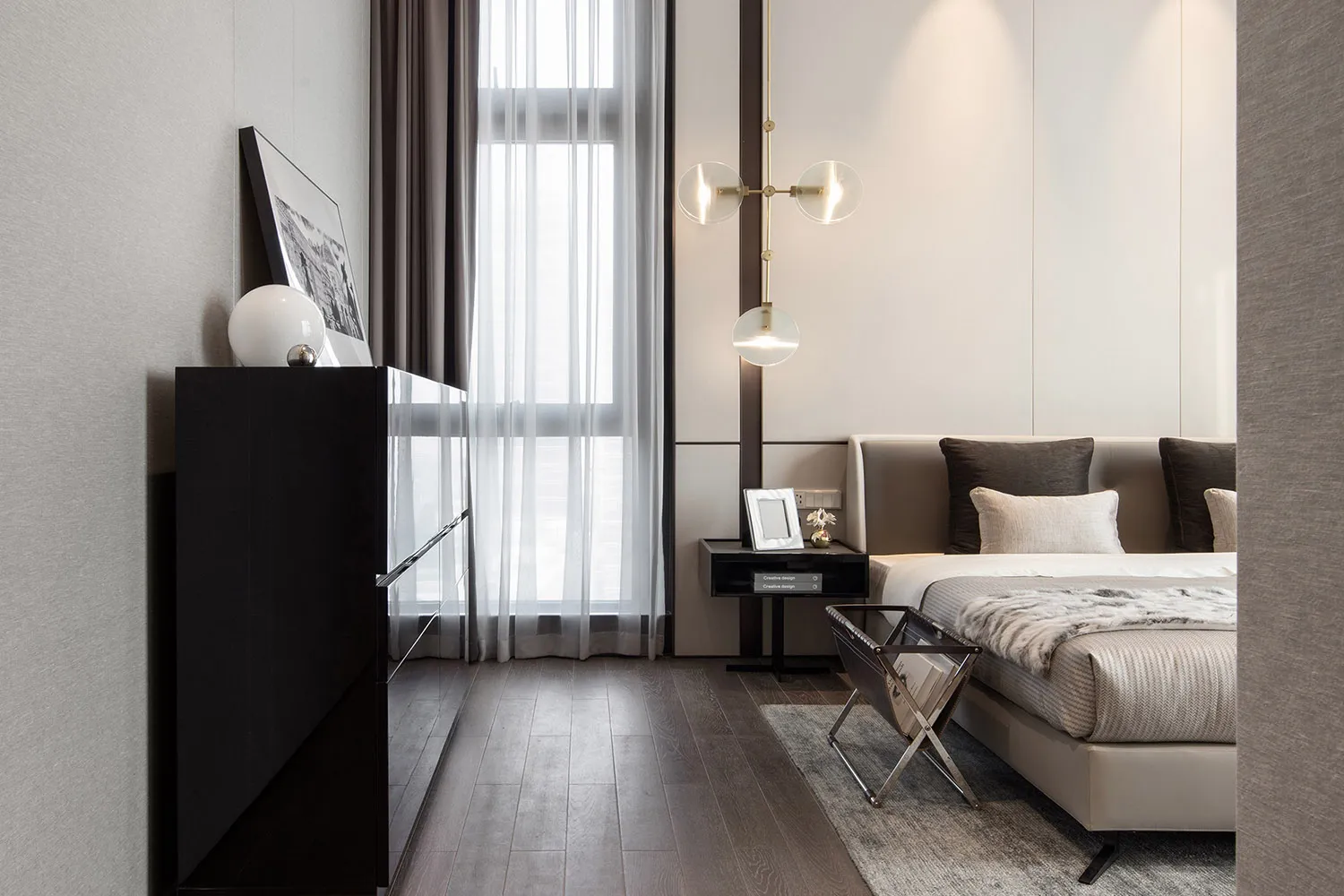 Modern bedroom interior featuring floor wood, fabric, and glass materials.