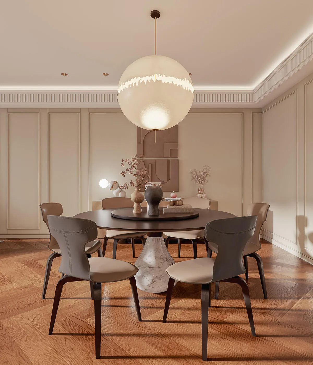 A modern dining room featuring a round wooden table with a marble base, surrounded by six contemporary chairs with upholstere