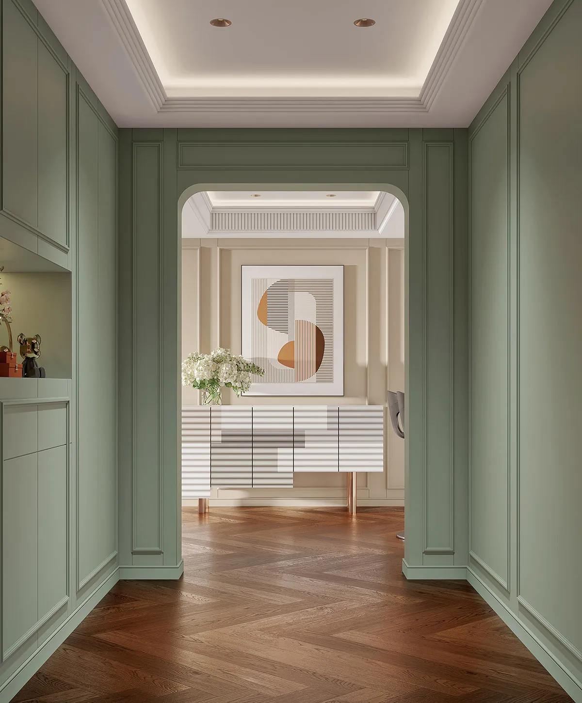 A modern living room with hardwood flooring, minimalist design elements, and a cohesive color palette.