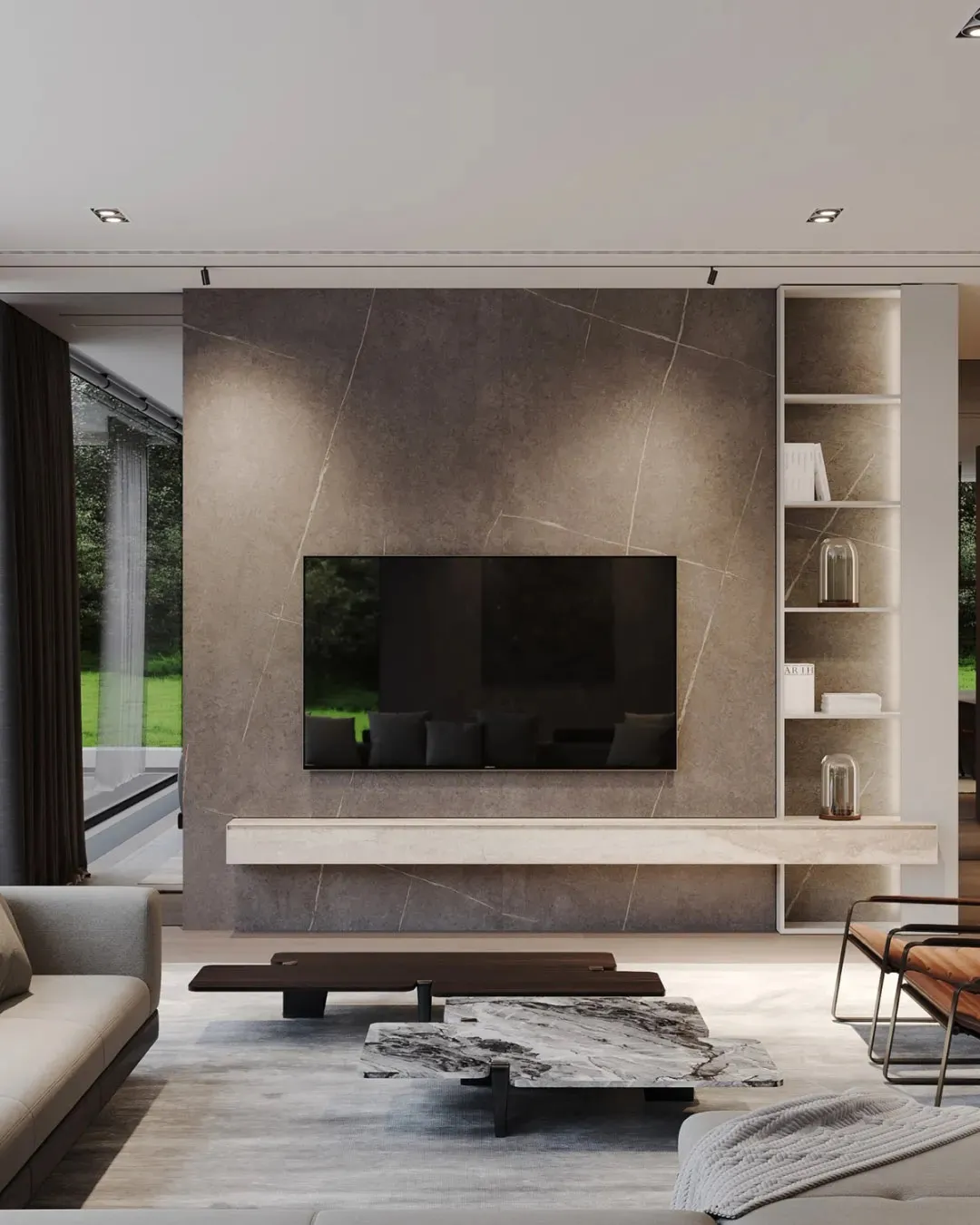 Contemporary living room featuring marble and concrete materials with a minimalist design.