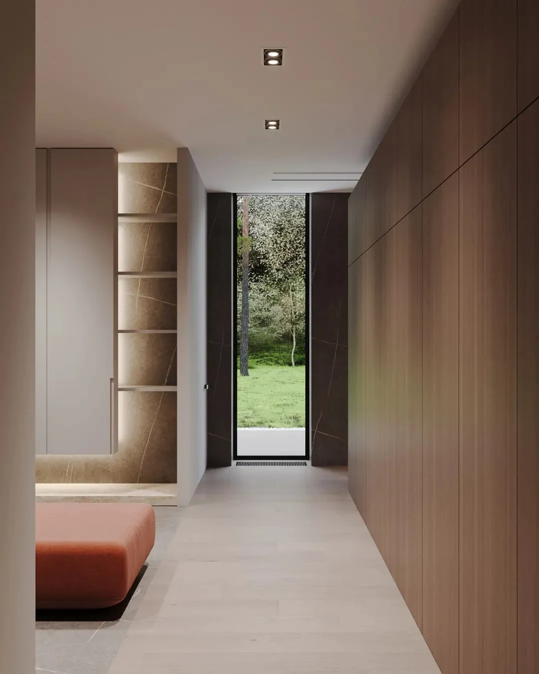 Modern minimalist hallway with wooden flooring and stone wall panels, featuring a view of greenery outside through a tall doo