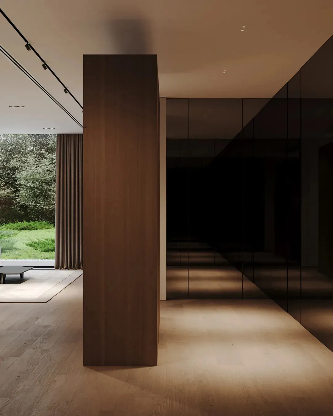 A minimalistic interior with wooden flooring and glass walls