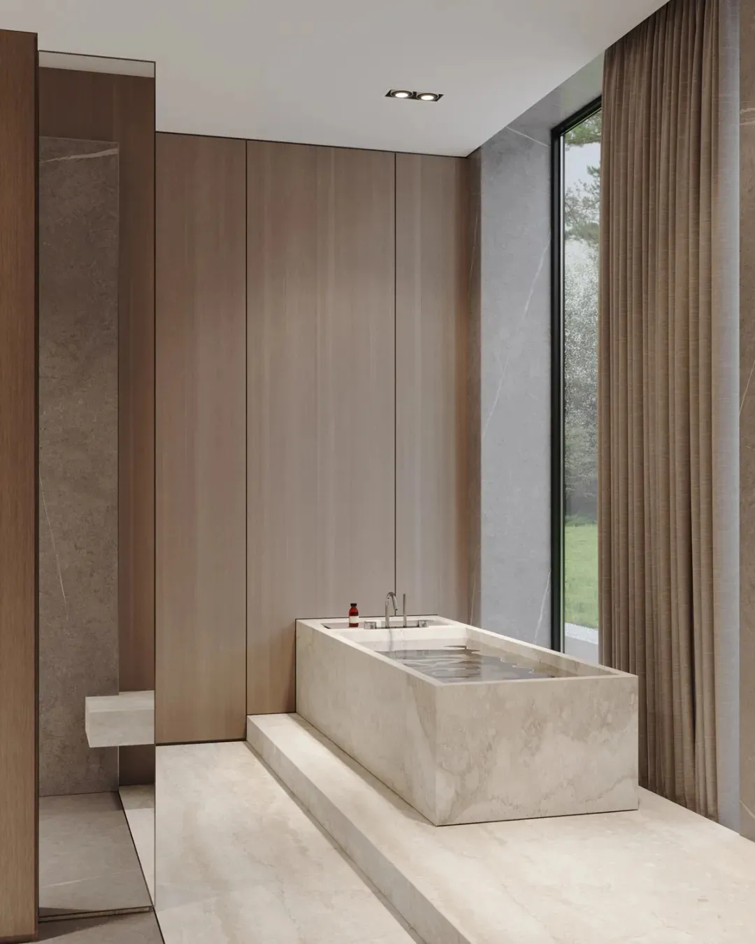 Modern minimalist bathroom featuring a marble bathtub and wooden cabinets, with a large window overlooking the outdoors.
