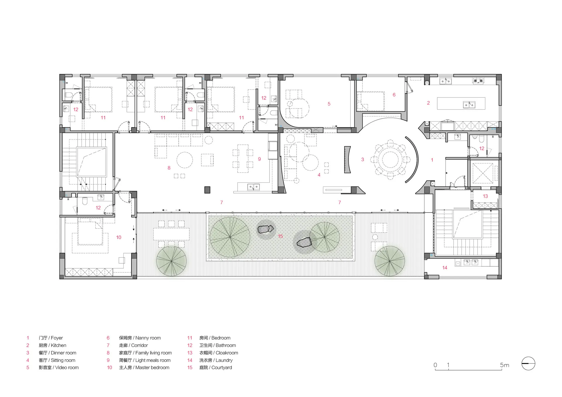 Modern residential layout including bedrooms, bathrooms, and a courtyard.