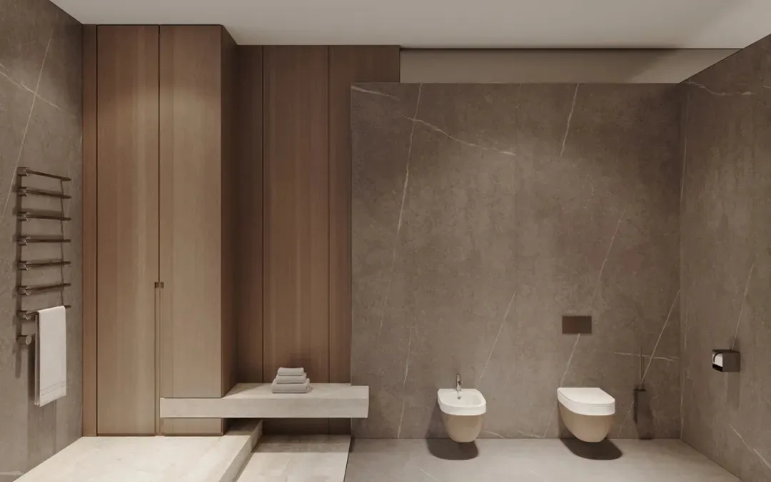 A modern bathroom featuring marble, wood, and concrete materials.