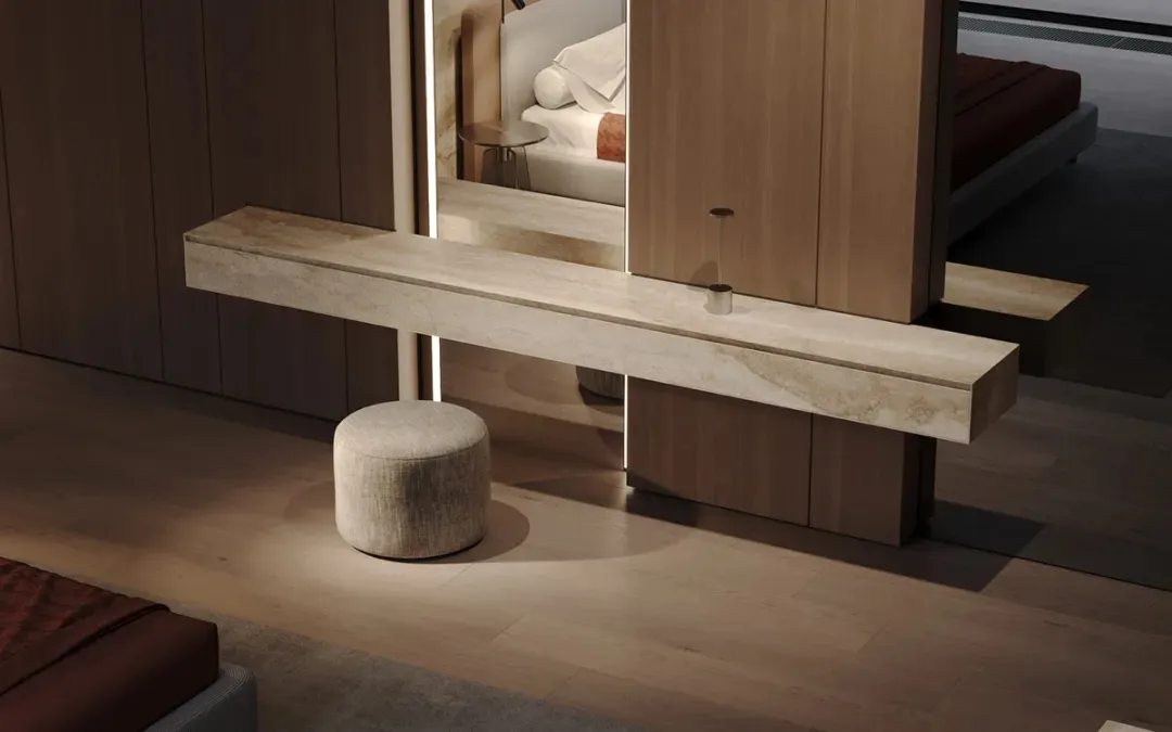 Modern bedroom featuring marble finishes and contemporary design elements.