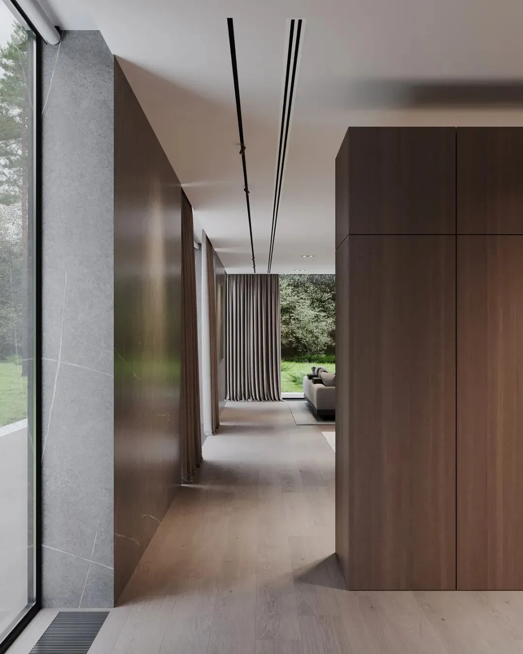 A modern interior space featuring wood flooring and minimalist design elements.