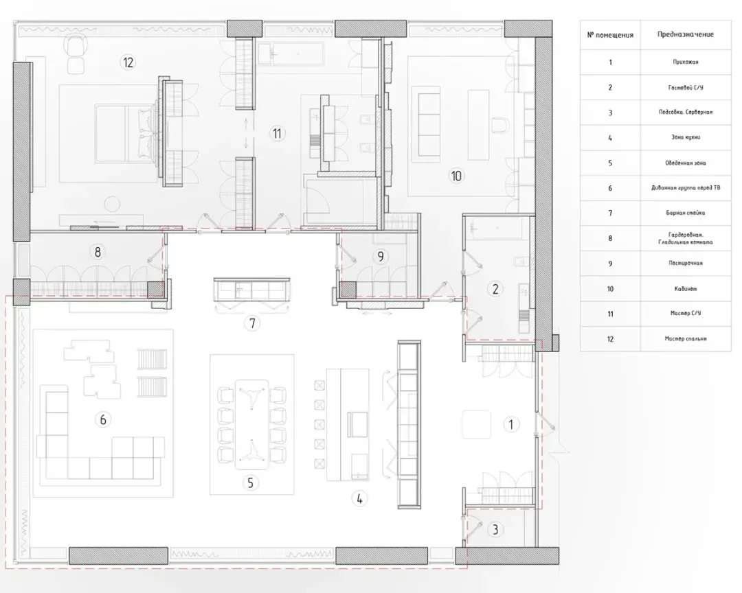 A modern residential floor plan showing various rooms and areas, including bedrooms, bathrooms, and common spaces.