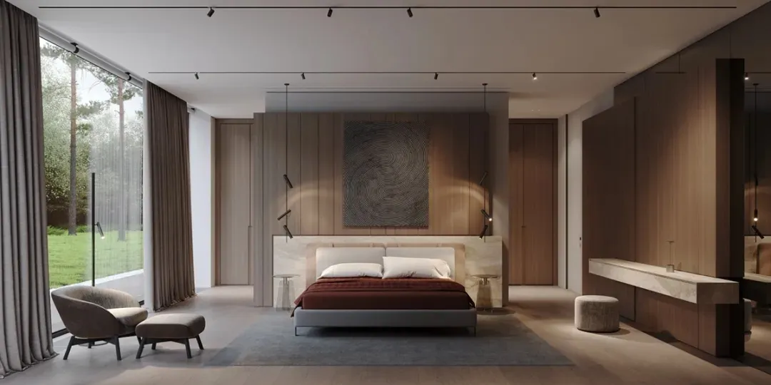 Modern minimalist bedroom featuring wooden walls and a large window overlooking a forest