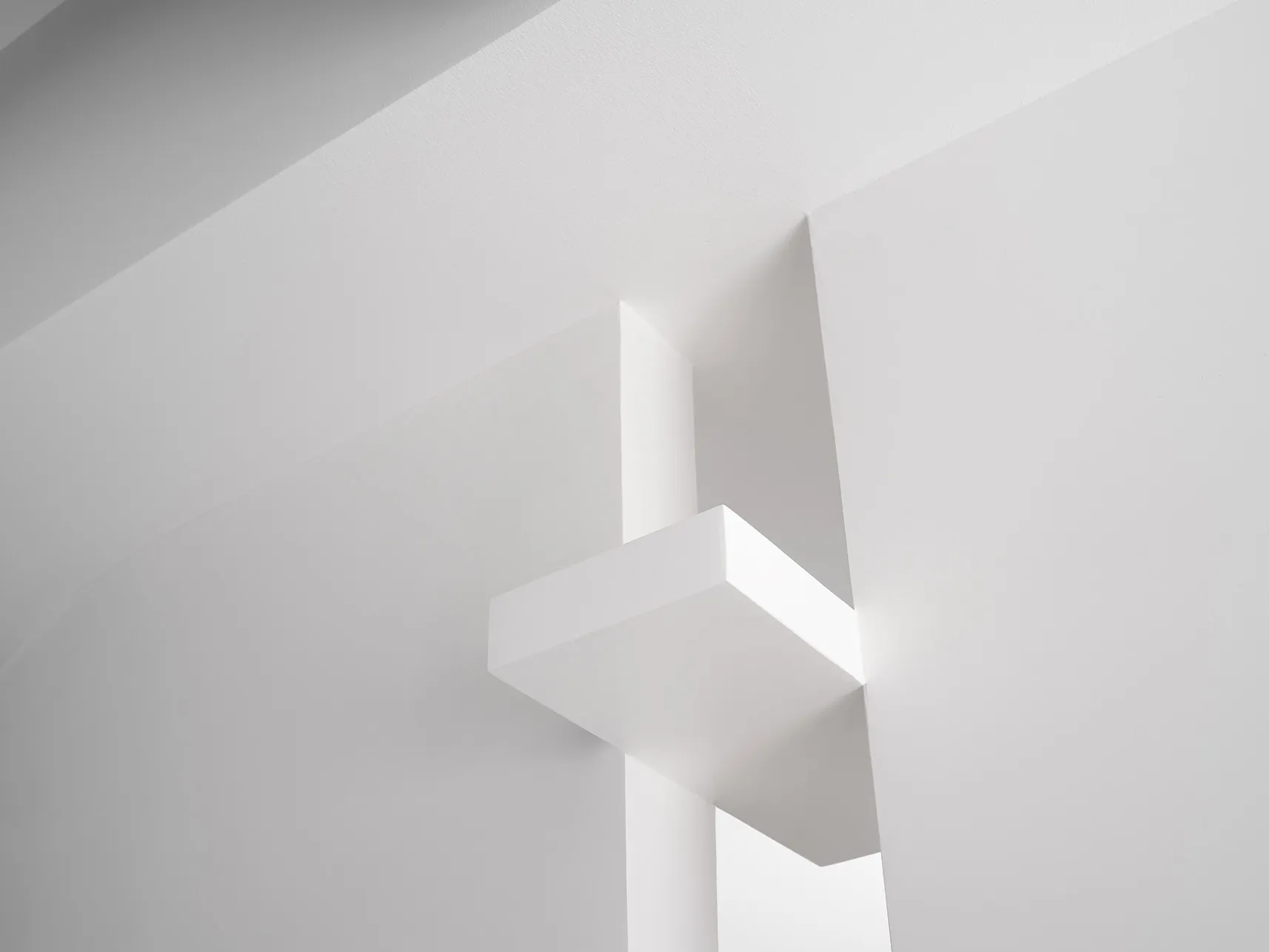 Minimalist modern interior space featuring exposed concrete walls and ceiling.