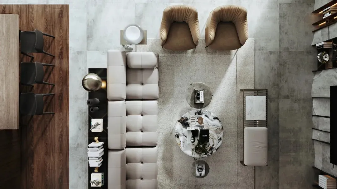 Modern living room featuring minimalist design with concrete elements.