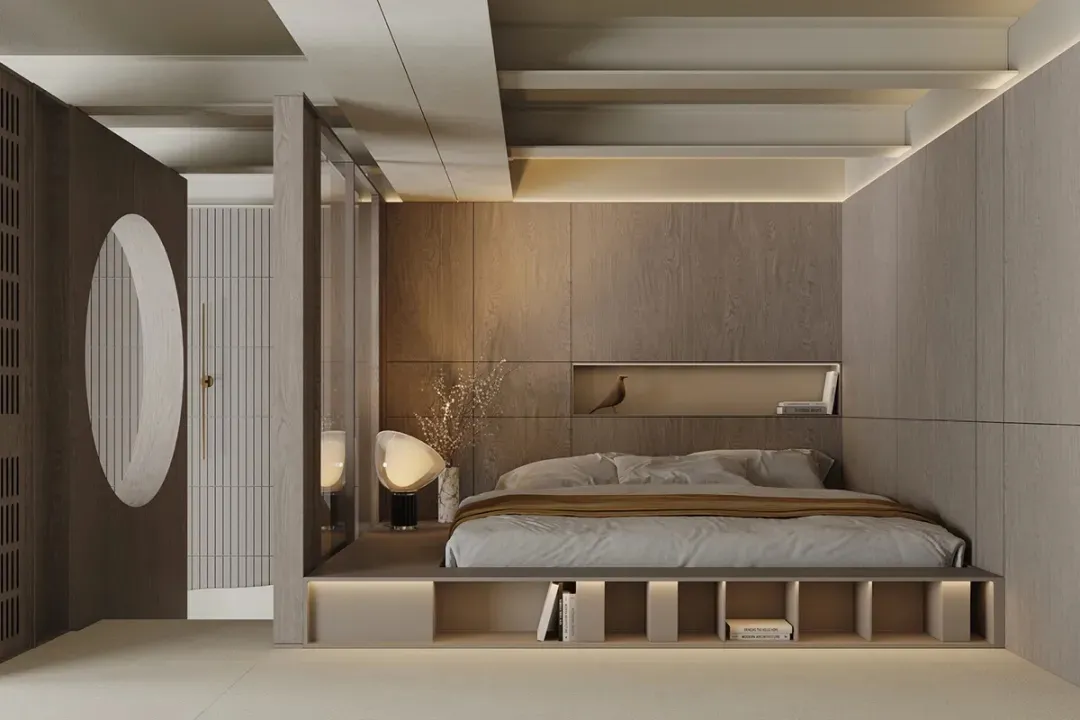 Minimalist bedroom featuring wood walls, a floating bed platform, and a shelf with decorative elements.