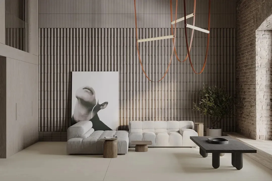 Modern minimalist living room featuring neutral tones, wood accents, and a large black and white wall art canvas.