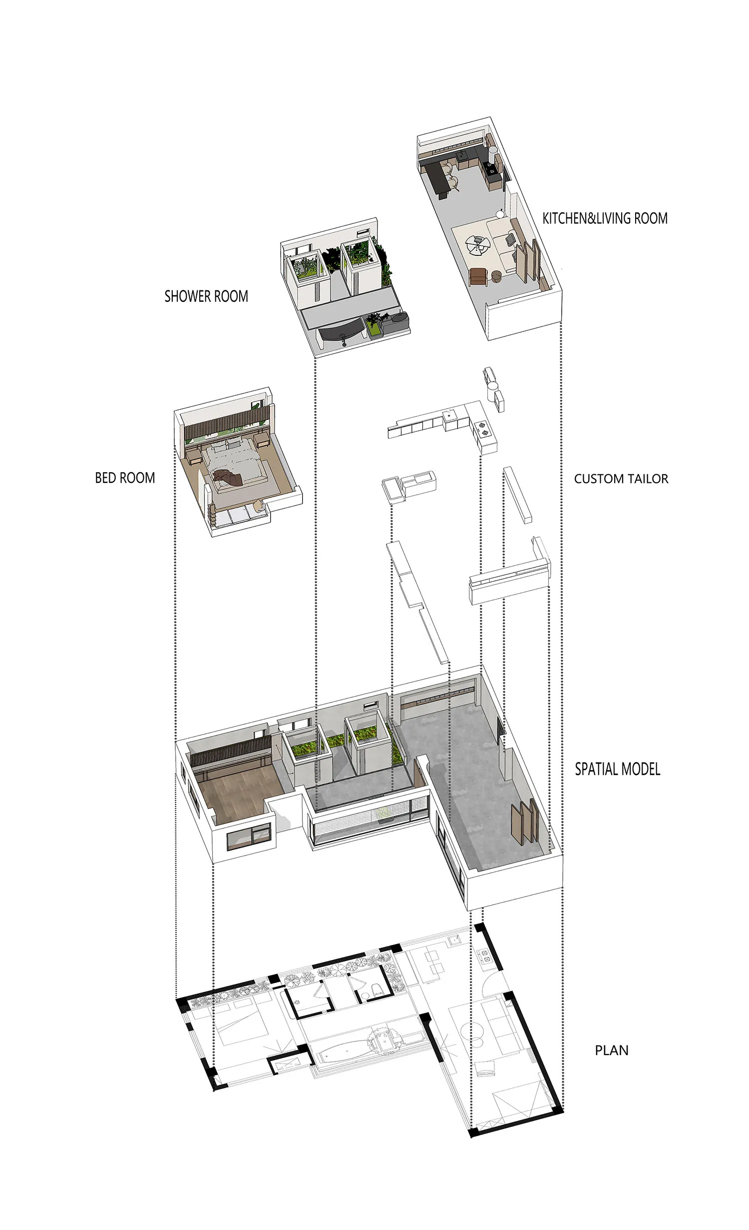 An architectural floor plan depicting a modern apartment with concrete, glass, and wooden elements.