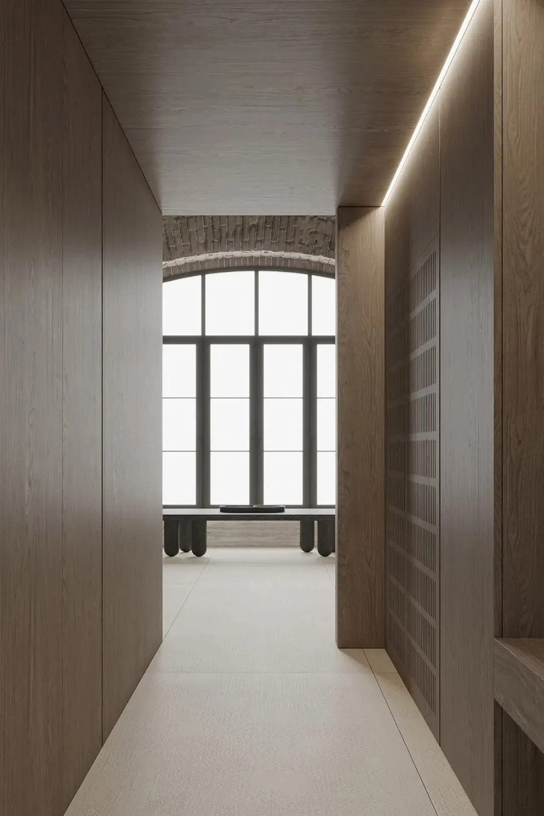 Modern interior design featuring a hallway with wooden paneling and sunlight shining through a large window.