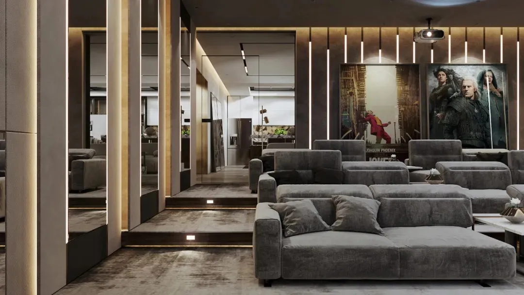 Modern living room with comfortable seating and movie theater posters.