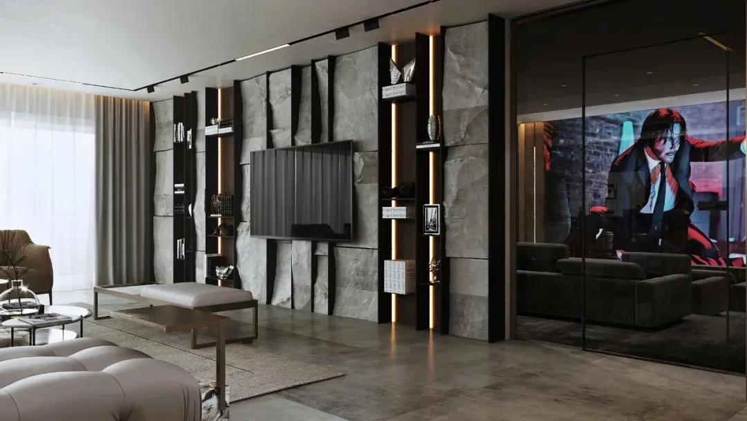 A modern living room featuring a concrete wall with embedded shelving and a television mounted on the wall.