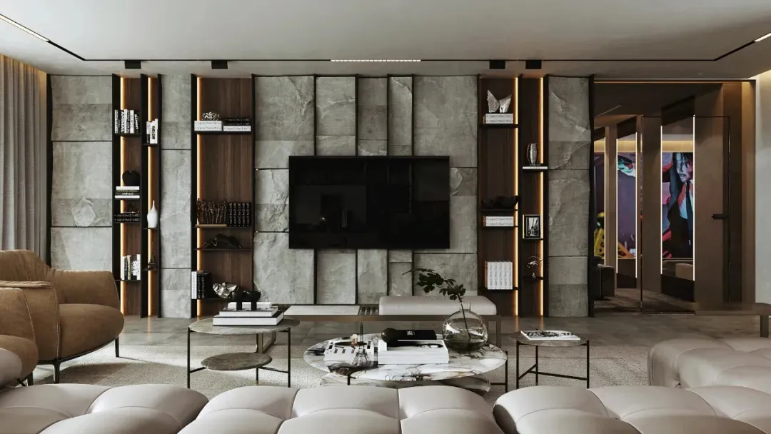 Modern living room with concrete, wood, and fabric elements.