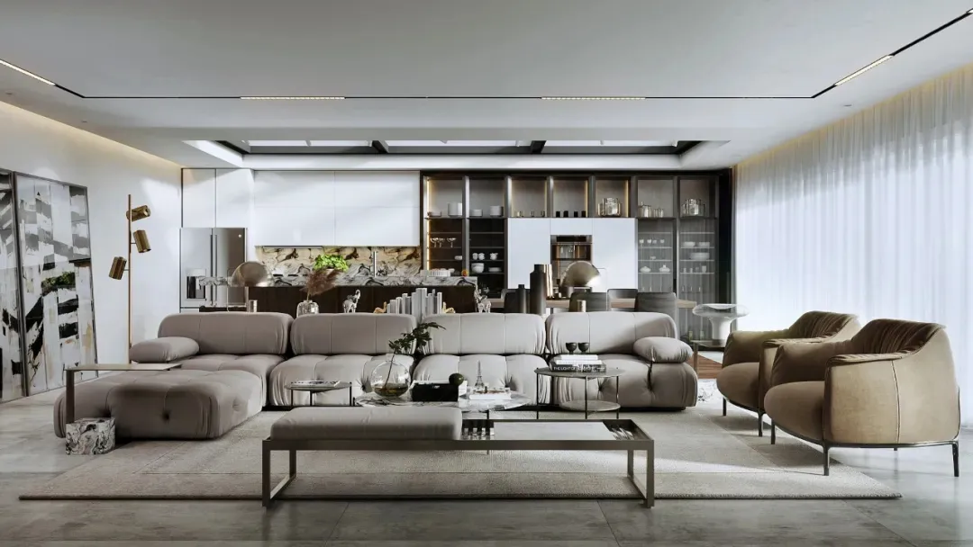 A modern living room with a comfortable fabric sofa, minimalistic design, and a clean, spacious layout.