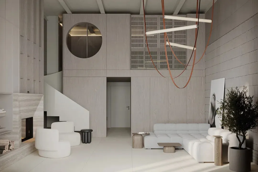Modern minimalist living room with white furniture and wooden accents