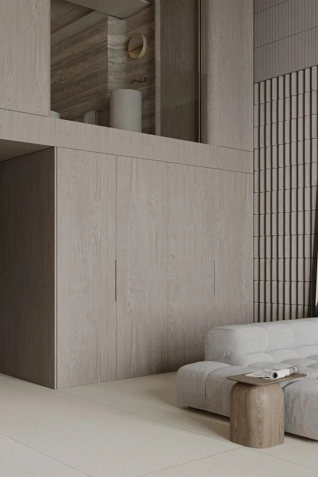 A modern minimalist living room featuring wood elements and a beige sofa with a wooden stool and a folded newspaper on top.