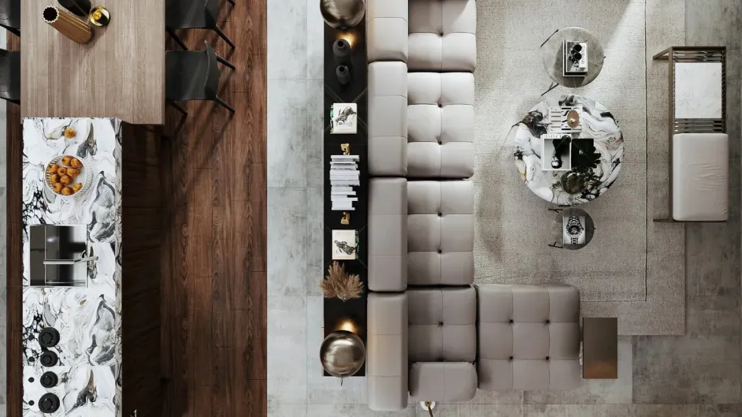 A modern, open-plan living room featuring marble and concrete elements.