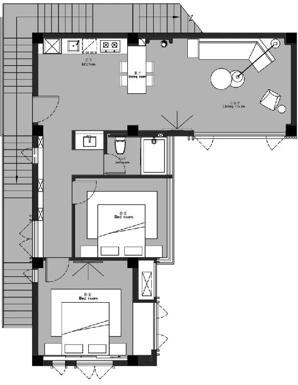 Floor plan of a modern residential apartment with two bedrooms, a living room, a kitchen, and two bathrooms.